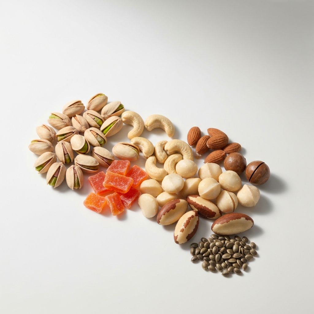 Natural nuts, seeds, and dried fruits on white background
